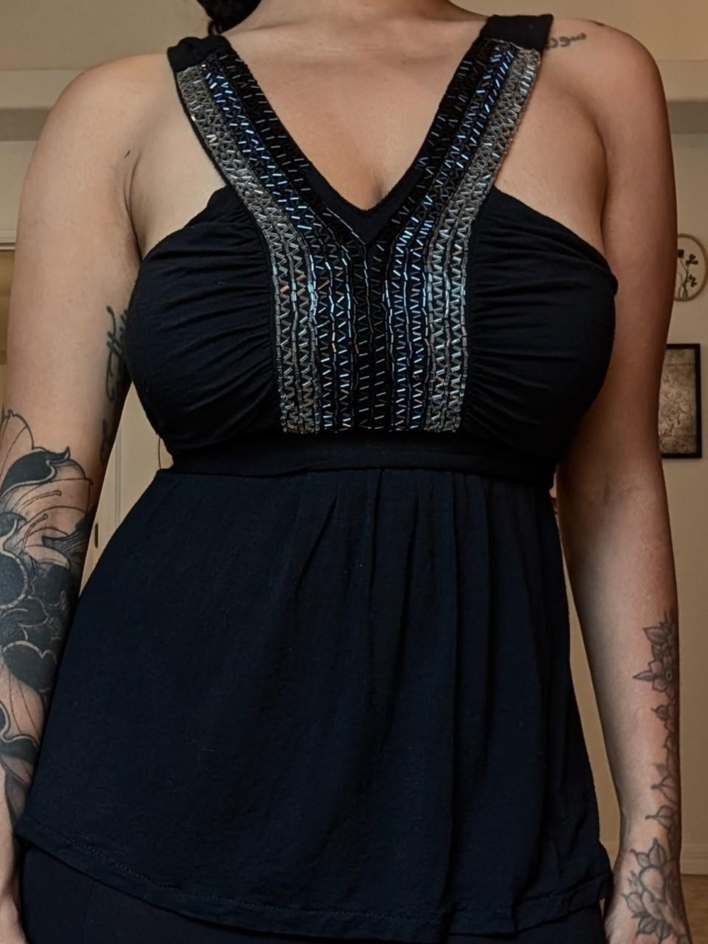 Black Y2K Beaded Tie Waist Tank Top